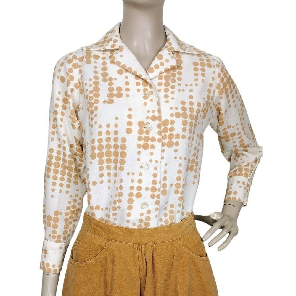 Vintage White Tan Polka Dot 60's 70's Button-Down Shirt Size XS/S/M